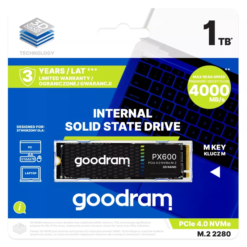 Disco a stato solido interno Goodram SSDPR-PX600-1K0-80 1 TB M.2 PCI Express 4.0 NVMe 3D NAND