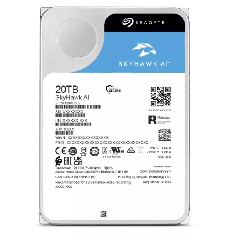 Disco rigido interno Seagate SkyHawk AI 20 TB 7200 RPM 512 MB 3,5 pollici Serial ATA III