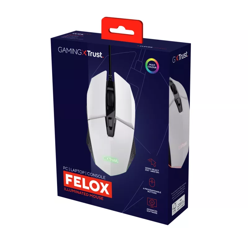Trust GXT 109W Felox mouse gaming per destrimani USB Type-A ottico 6400 DPI