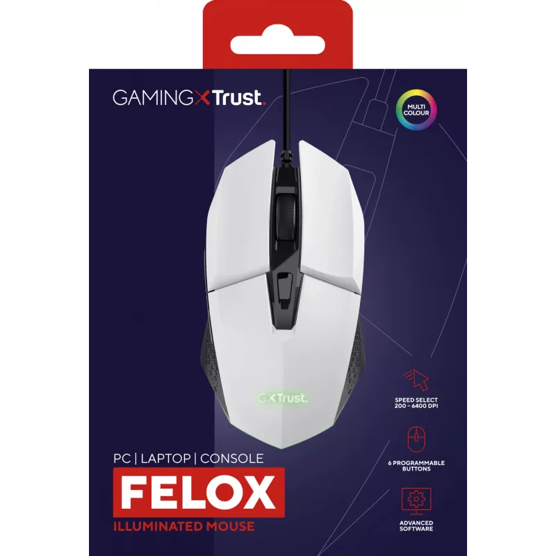 Trust GXT 109W Felox mouse gaming per destrimani USB Type-A ottico 6400 DPI