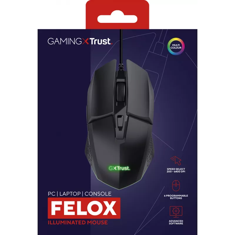 Trust GXT 109 Felox mouse gaming per destrimani USB Type-A ottico 6400 DPI