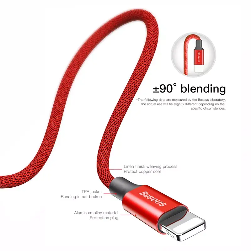 Cavo USB-A a Lightning Baseus Yiven 1,8 m, uscita 2 A, rosso, guaina in elastomero termoplastico