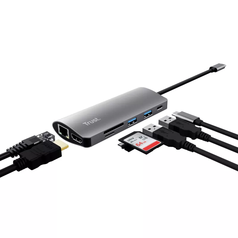 Trust Dalyx 23775 adattatore multiporta USB-C 7 in 1, USB-C 3.2, HDMI, RJ-45 Gigabit Ethernet, lettore SD/microSD, argento