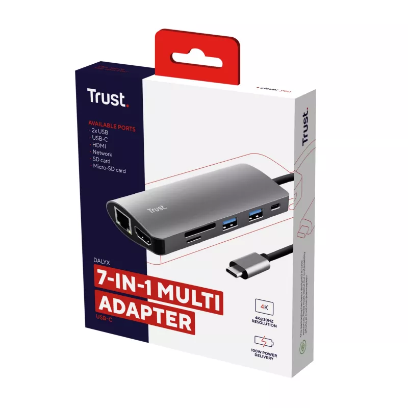 Trust Dalyx 23775 adattatore multiporta USB-C 7 in 1, USB-C 3.2, HDMI, RJ-45 Gigabit Ethernet, lettore SD/microSD, argento
