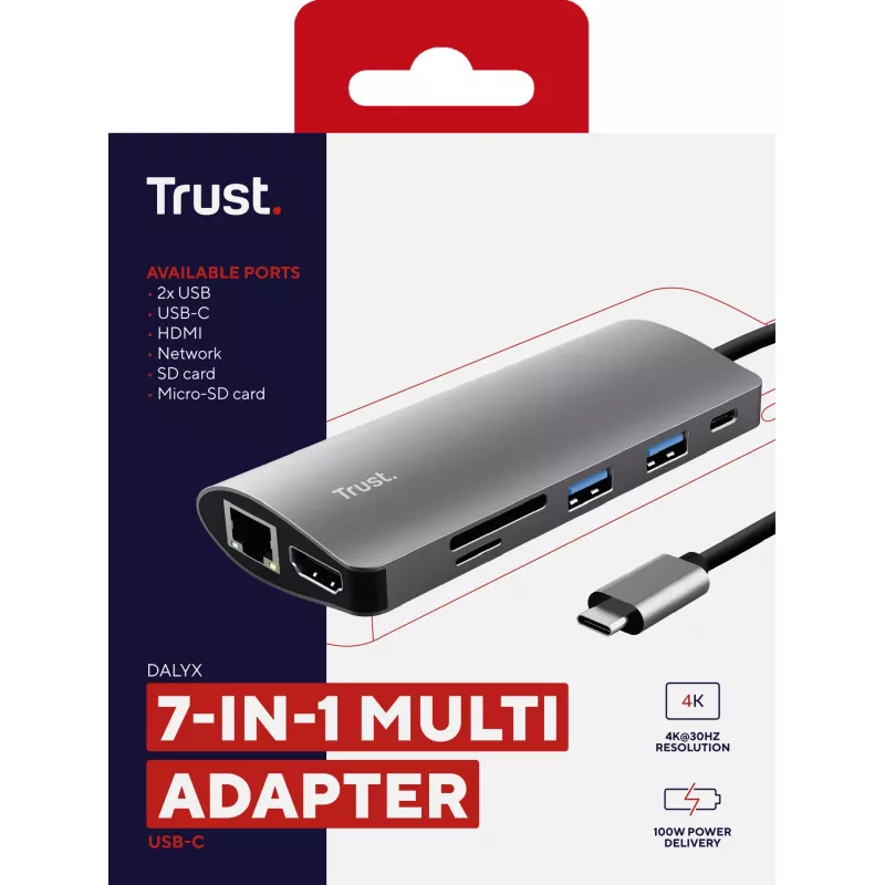 Trust Dalyx 23775 adattatore multiporta USB-C 7 in 1, USB-C 3.2, HDMI, RJ-45 Gigabit Ethernet, lettore SD/microSD, argento