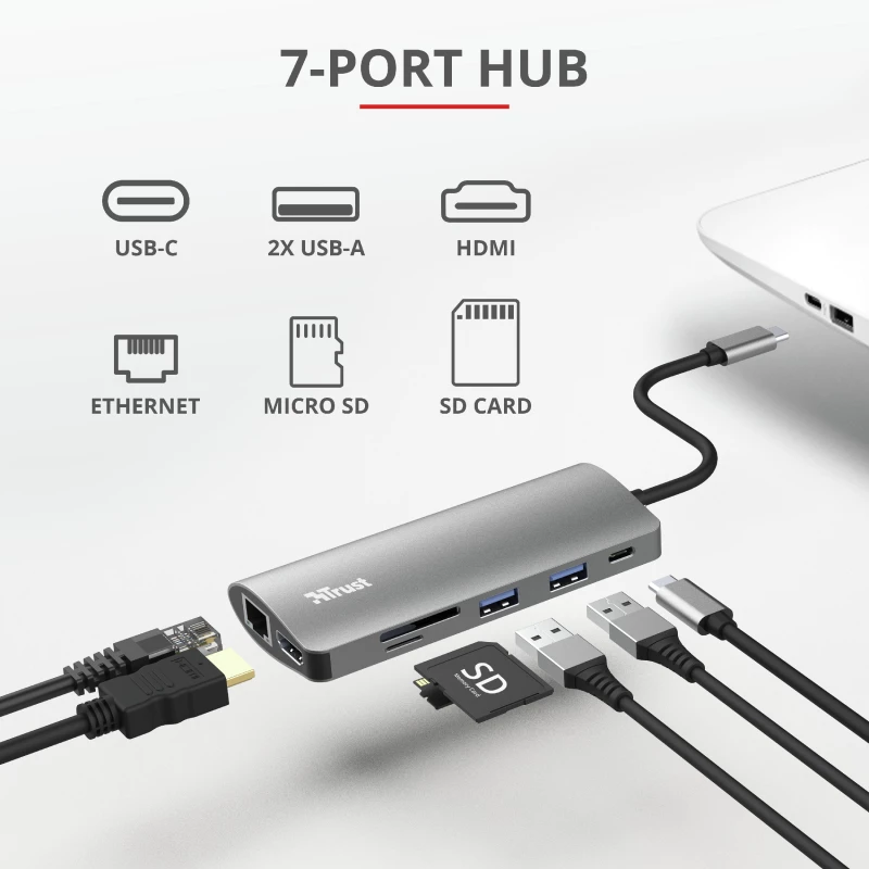 Trust Dalyx 23775 adattatore multiporta USB-C 7 in 1, USB-C 3.2, HDMI, RJ-45 Gigabit Ethernet, lettore SD/microSD, argento