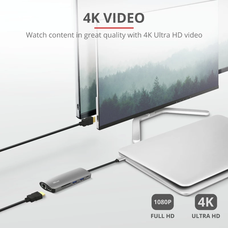 Trust Dalyx 23775 adattatore multiporta USB-C 7 in 1, USB-C 3.2, HDMI, RJ-45 Gigabit Ethernet, lettore SD/microSD, argento