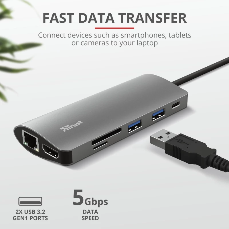 Trust Dalyx 23775 adattatore multiporta USB-C 7 in 1, USB-C 3.2, HDMI, RJ-45 Gigabit Ethernet, lettore SD/microSD, argento