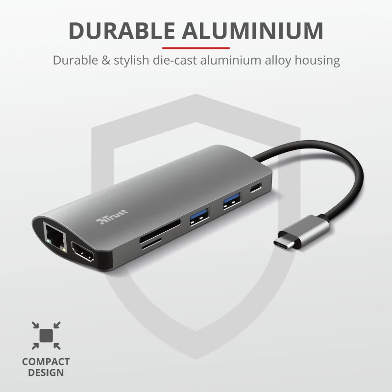 Trust Dalyx 23775 adattatore multiporta USB-C 7 in 1, USB-C 3.2, HDMI, RJ-45 Gigabit Ethernet, lettore SD/microSD, argento