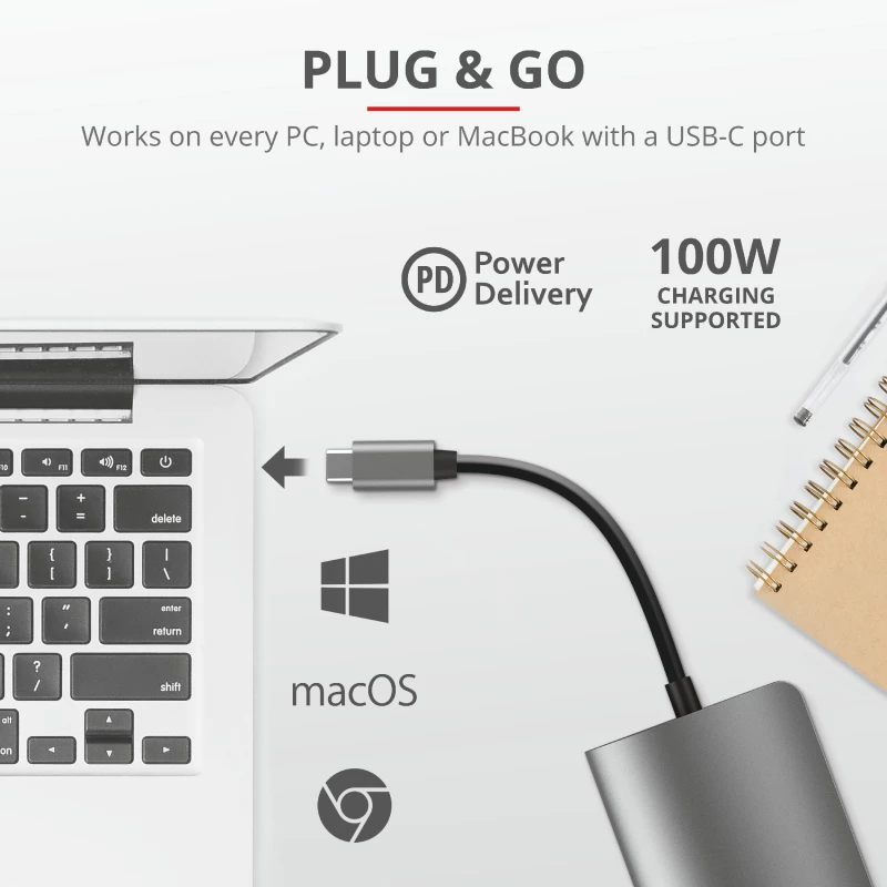 Trust Dalyx 23775 adattatore multiporta USB-C 7 in 1, USB-C 3.2, HDMI, RJ-45 Gigabit Ethernet, lettore SD/microSD, argento