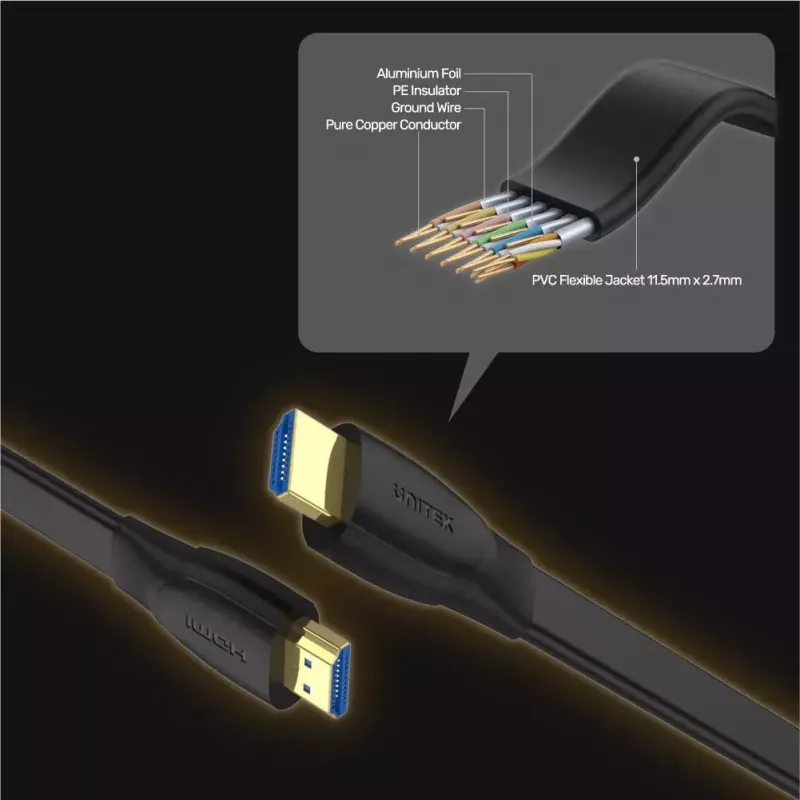 Cavo HDMI Unitek C11063BK-2M 2 m, HDMI 2.0, 18 Gbit/s, 4K@60Hz, ARC, piatto nero