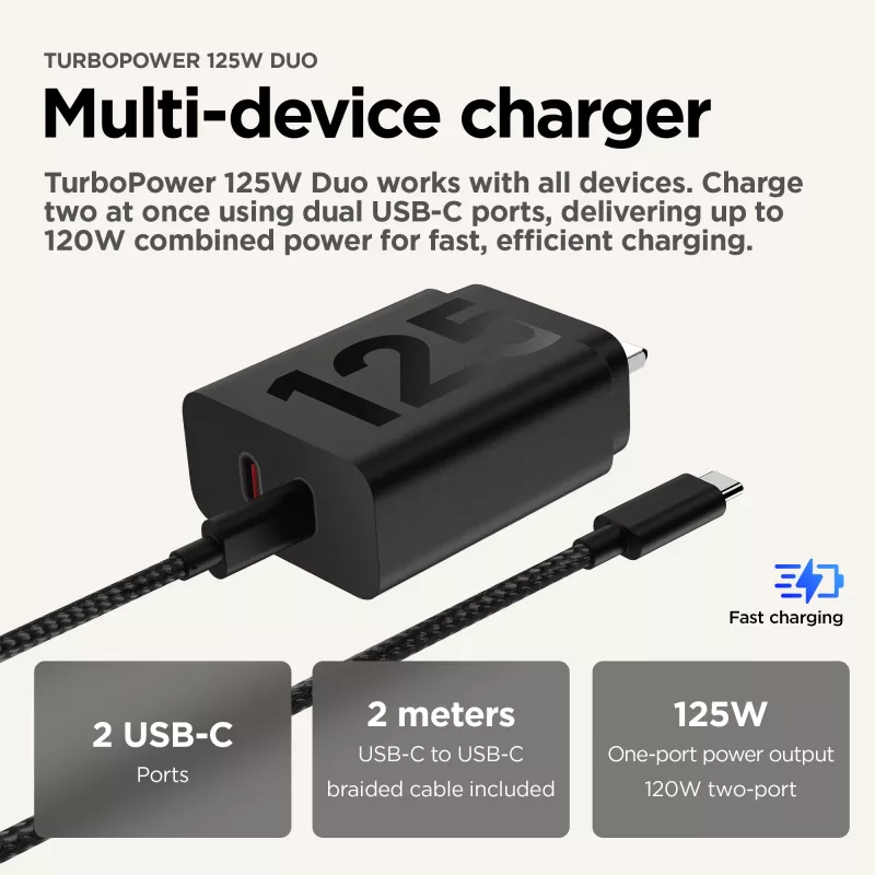 Caricabatterie Motorola TurboPower 125W Duo universale nero AC ricarica rapida per interni