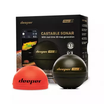 Ecoscandaglio portatile deeper Smart Sonar CHIRP+3 Wi‑Fi — sonar wireless lanciabile, profondità max 100 m, angolo cono 47°/20°/7°, Wi‑Fi, GPS/GLONASS