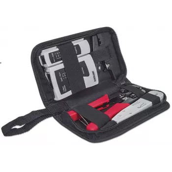 Kit di attrezzi per rete INTELLINET 4 pezzi — attrezzo per inserimento, pinza crimpatrice, tester per cavi di rete, nero