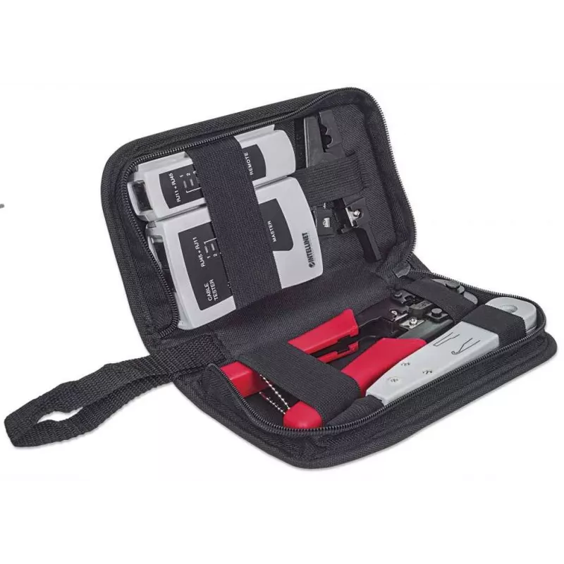 Kit di attrezzi per rete INTELLINET 4 pezzi — attrezzo per inserimento, pinza crimpatrice, tester per cavi di rete, nero