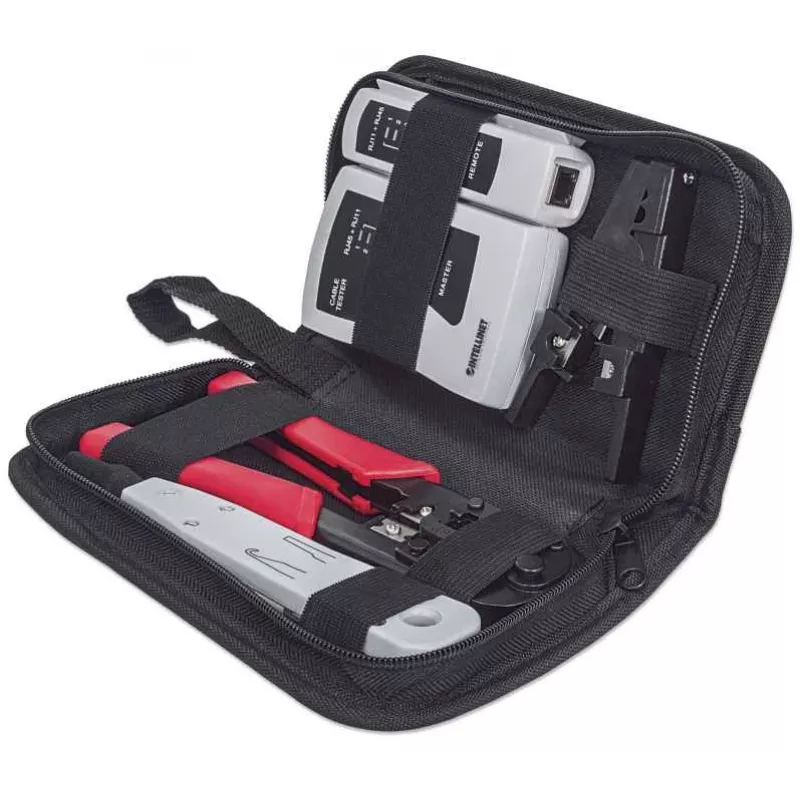 Kit di attrezzi per rete INTELLINET 4 pezzi — attrezzo per inserimento, pinza crimpatrice, tester per cavi di rete, nero