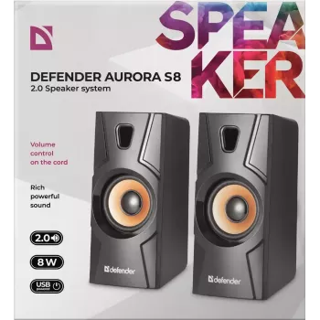 Diffusore desktop con filo DEFENDER Aurora S8 — 2.0, 8 W RMS, alimentazione USB, 3,5 mm, nero