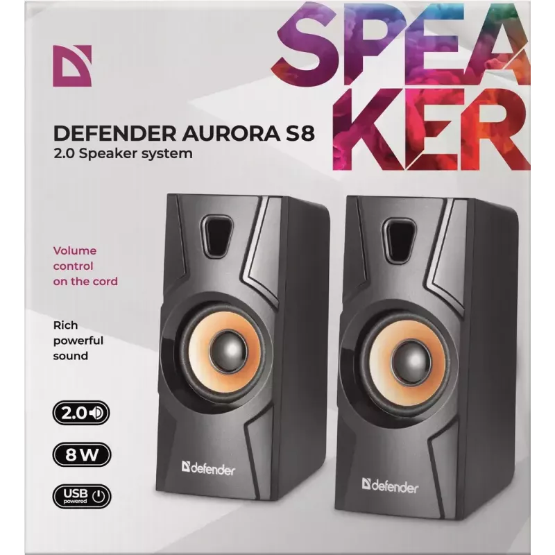 Diffusore desktop con filo DEFENDER Aurora S8 — 2.0, 8 W RMS, alimentazione USB, 3,5 mm, nero