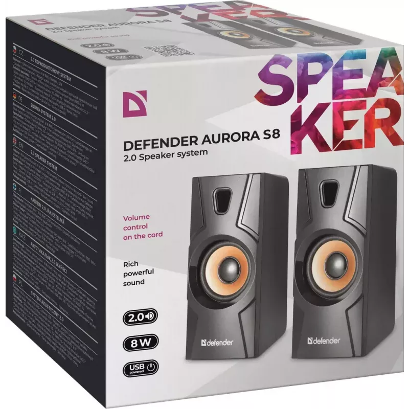 Diffusore desktop con filo DEFENDER Aurora S8 — 2.0, 8 W RMS, alimentazione USB, 3,5 mm, nero