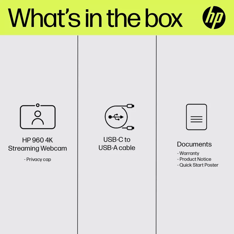 HP 960 Webcam streaming 4K, 8 MP, 3840 x 2160 pixel, 4K Ultra HD, 30 fps, 5x, Home