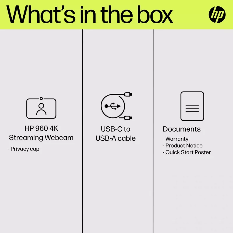 HP 960 Webcam streaming 4K, 8 MP, 3840 x 2160 pixel, 4K Ultra HD, 30 fps, 5x, Home