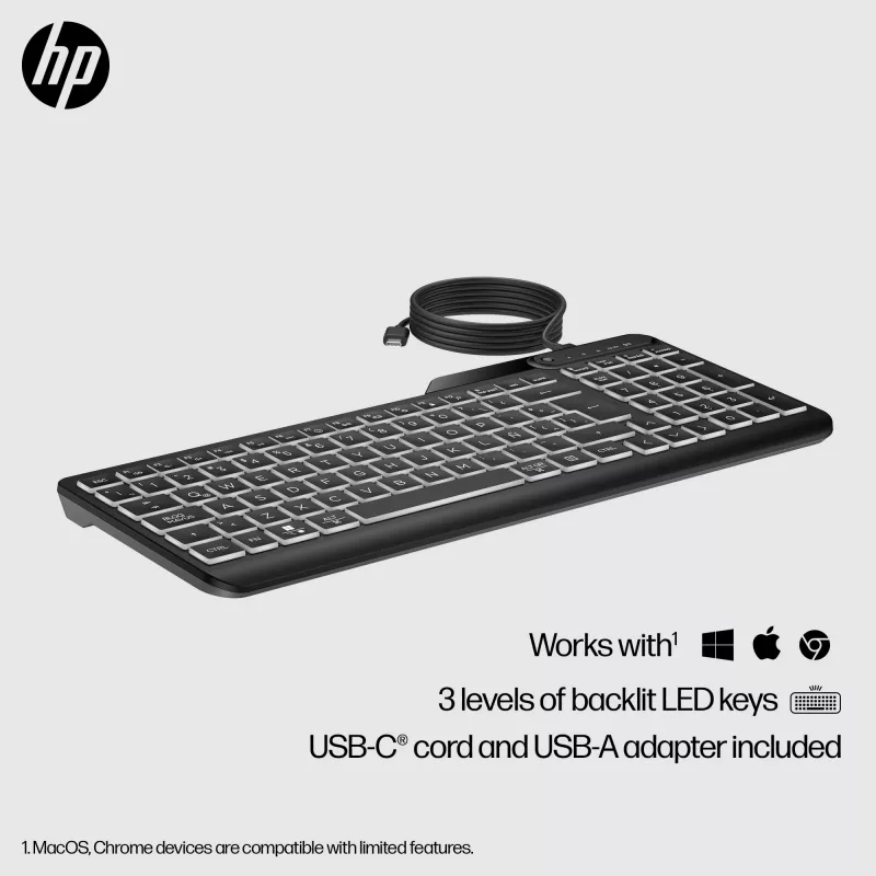 HP 400 Tastiera con filo retroilluminata, full-size (100%), cavo, USB, meccanica, QWERTY, nera