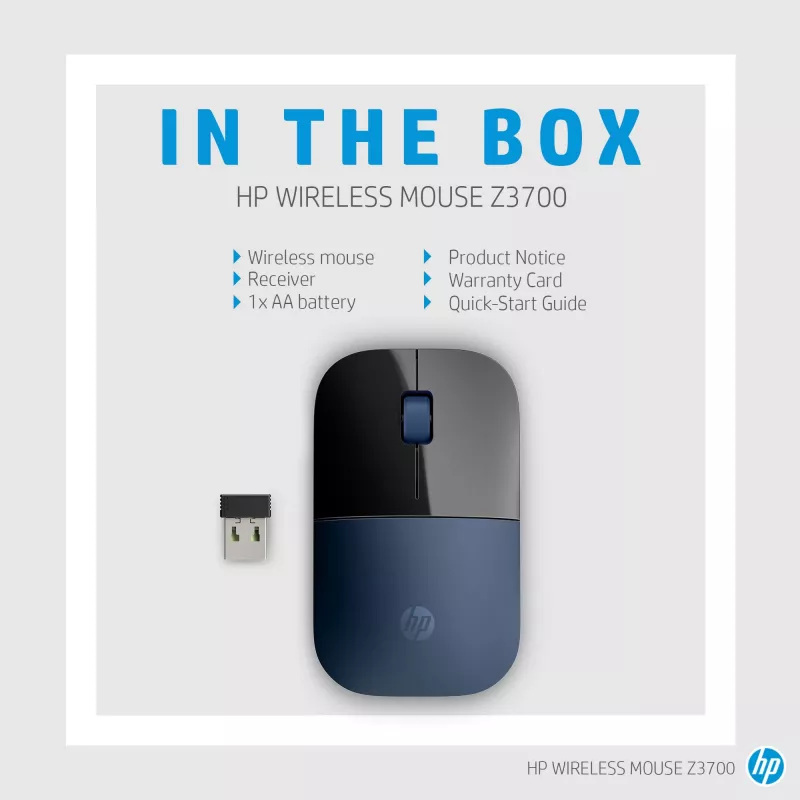 HP Mouse wireless Z3700, ambidestro, Blue LED, RF wireless, 1200 DPI, nero, blu