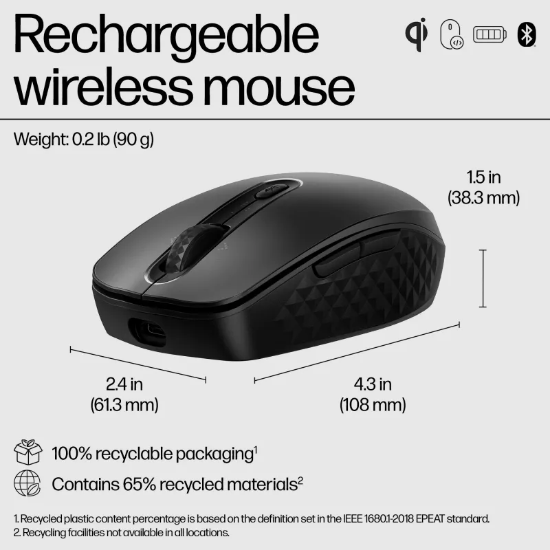 HP 690 Mouse wireless ricaricabile, ambidestro, Bluetooth, 4000 DPI, nero