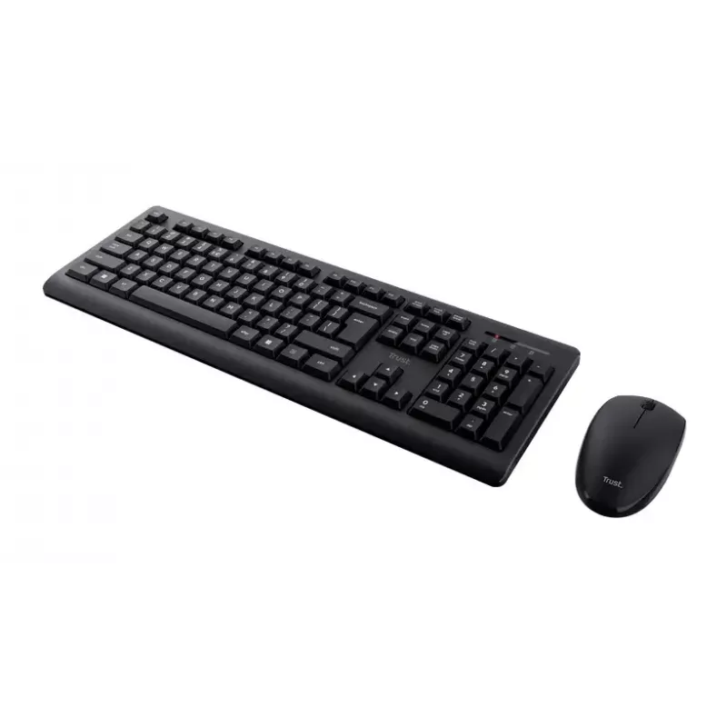 Set tastiera e mouse wireless TRUST Primo — tastiera full-size QWERTY US-inglese, ricevitore RF USB-A, mouse ottico 1200 DPI, nero