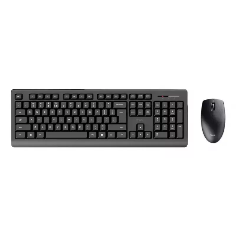 Set tastiera e mouse wireless TRUST Primo — tastiera full-size QWERTY US-inglese, ricevitore RF USB-A, mouse ottico 1200 DPI, nero
