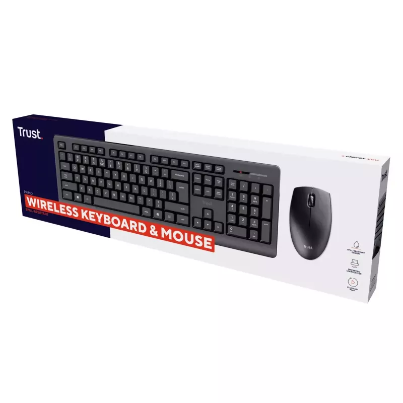 Set tastiera e mouse wireless TRUST Primo — tastiera full-size QWERTY US-inglese, ricevitore RF USB-A, mouse ottico 1200 DPI, nero