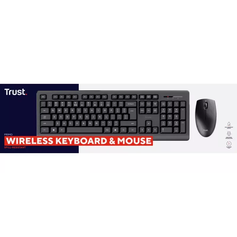Set tastiera e mouse wireless TRUST Primo — tastiera full-size QWERTY US-inglese, ricevitore RF USB-A, mouse ottico 1200 DPI, nero