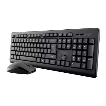 Set tastiera e mouse wireless TRUST Primo — tastiera full-size QWERTY US-inglese, ricevitore RF USB-A, mouse ottico 1200 DPI, nero