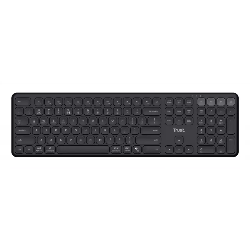 Tastiera wireless multi-dispositivo Trust Vaiya 25511, USB RF + Bluetooth, layout US, tastierino numerico, batteria ricaricabile integrata, nera