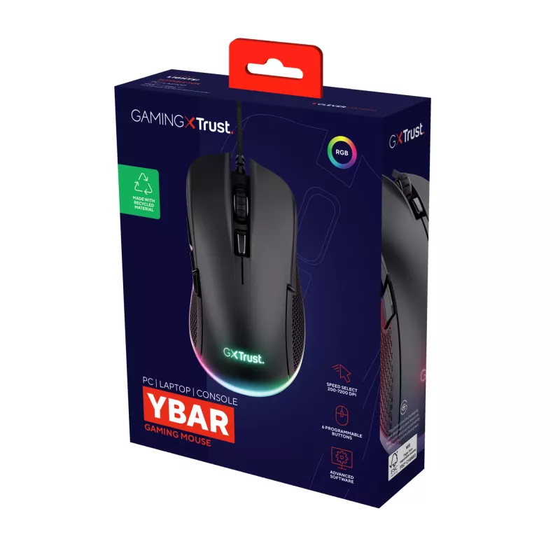 Trust GXT 922 YBAR Mouse gaming per destrorsi, USB Type-A, ottico, 7200 DPI