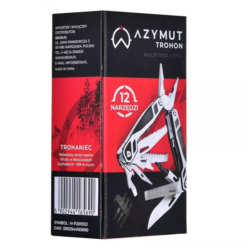 Multitool AZYMUT Trohon H-P2010121 — pinza full-size in acciaio inox con 12 utensili, 8 inserti, chiuso 10,5 cm, 381 g