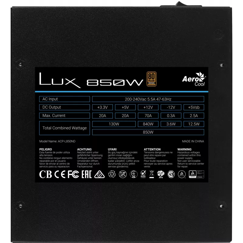 Alimentatore PC Aerocool LUX850 850W 80 Plus Bronze 230V efficienza 88% nero