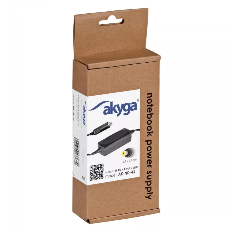 Alimentatore per notebook da auto Akyga AK-ND-43 per Acer, 90 W, 19 V / 4,74 A, 5,5 x 1,7 mm, ingresso 12 V