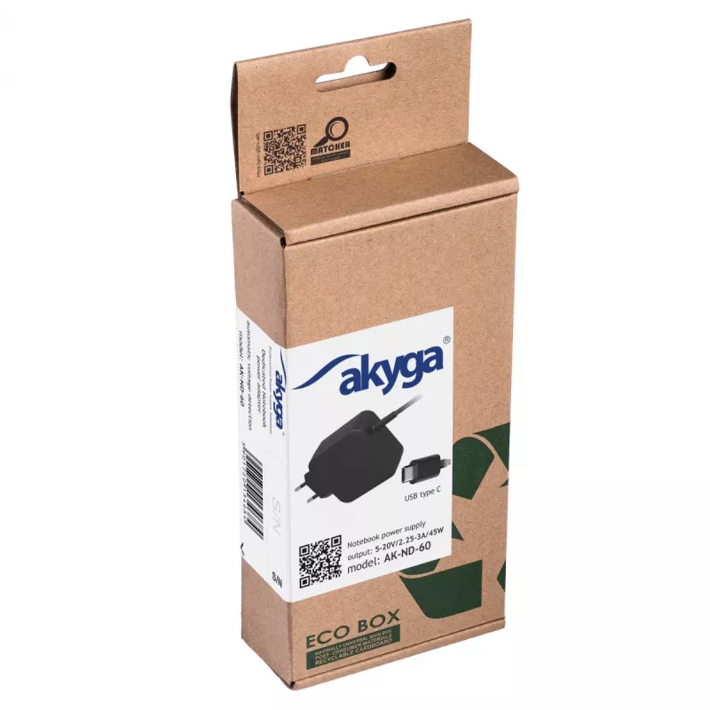Alimentatore per notebook USB-C Akyga AK-ND-60 45 W, Power Delivery, 5–20 V, 1,2 m