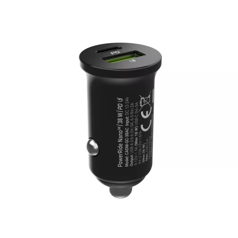 Caricabatterie da auto Green Cell CADM-GC-38AC 38W, 1x USB-C (PD 3.0) + 1x USB-A, corpo in alluminio, nero