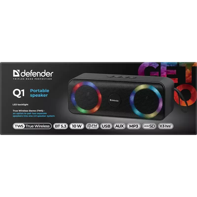 Altoparlante Bluetooth mono portatile DEFENDER Q1 nero, 10 W RMS, 1200 mAh, Bluetooth 5.0, MicroSD, FM, AUX, USB