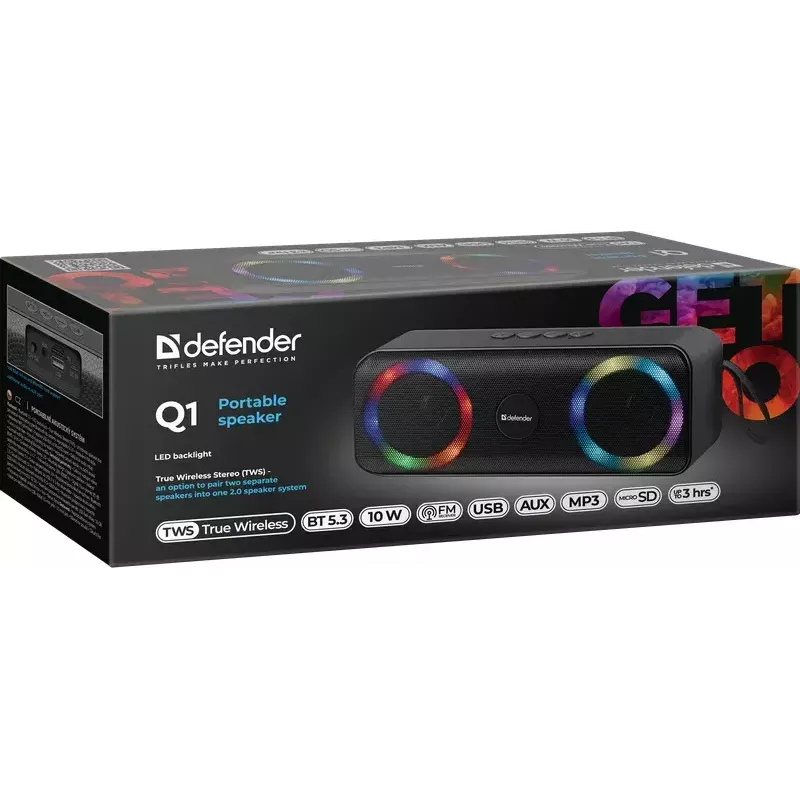 Altoparlante Bluetooth mono portatile DEFENDER Q1 nero, 10 W RMS, 1200 mAh, Bluetooth 5.0, MicroSD, FM, AUX, USB