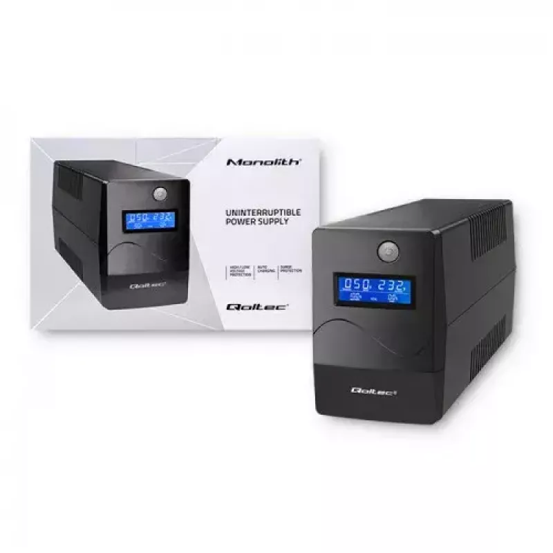 Qoltec Monolith 53979 gruppo di continuità (UPS), line-interactive, 850 VA / 480 W, 2 prese Schuko, LCD, USB, RJ45