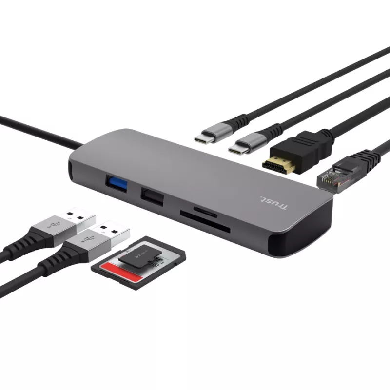Hub USB Type-C TRUST 25672 — HDMI, RJ-45, USB 3.2 Gen 1 Type-A/Type-C, SD/MicroSD, grigio