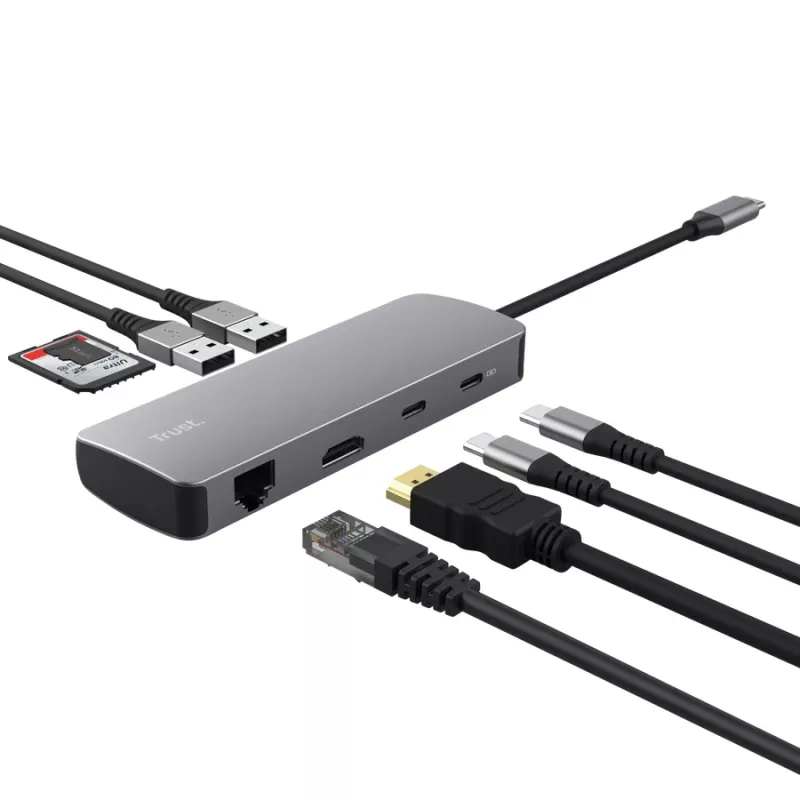 Hub USB Type-C TRUST 25672 — HDMI, RJ-45, USB 3.2 Gen 1 Type-A/Type-C, SD/MicroSD, grigio