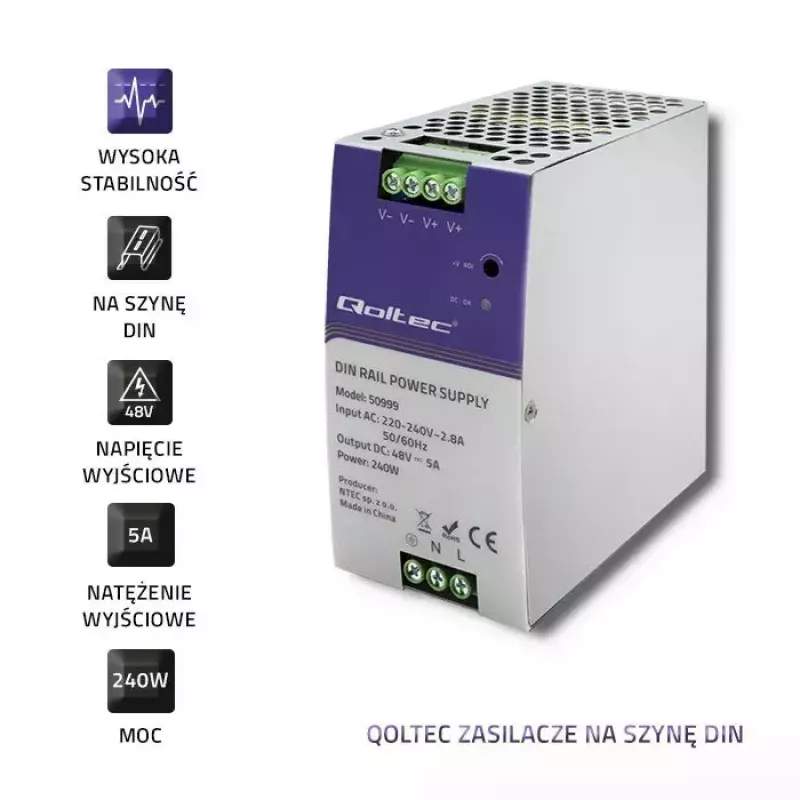 Alimentatore per guida DIN QOLTEC 50999, 240W, 48V DC, uscita 5A