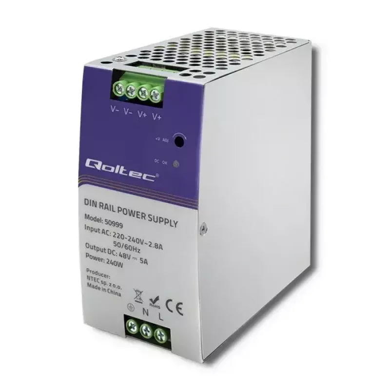 Alimentatore per guida DIN QOLTEC 50999, 240W, 48V DC, uscita 5A
