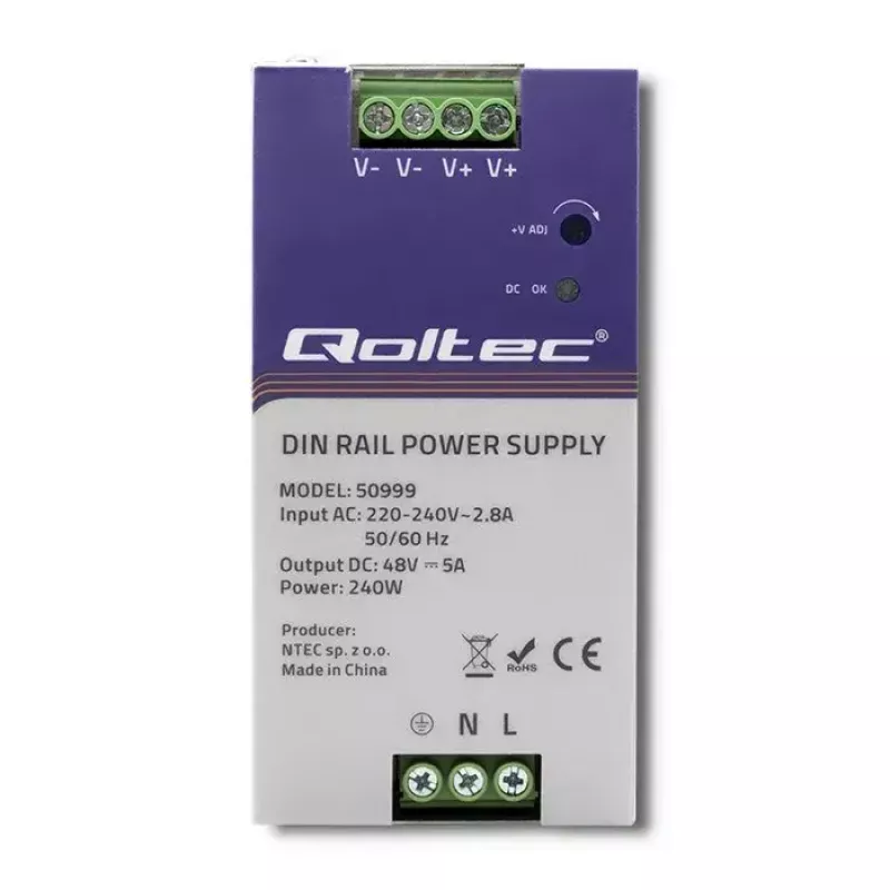 Alimentatore per guida DIN QOLTEC 50999, 240W, 48V DC, uscita 5A