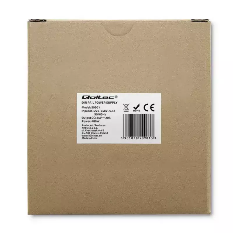 Alimentatore industriale per guida DIN QOLTEC 50901 — 480W, 24V DC, 20A