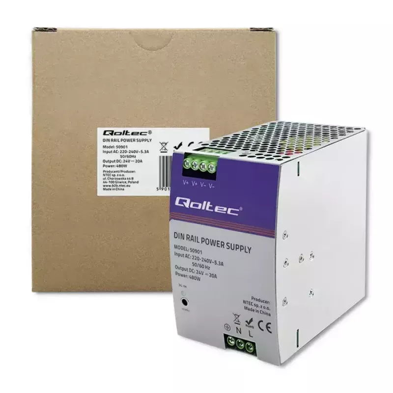 Alimentatore industriale per guida DIN QOLTEC 50901 — 480W, 24V DC, 20A